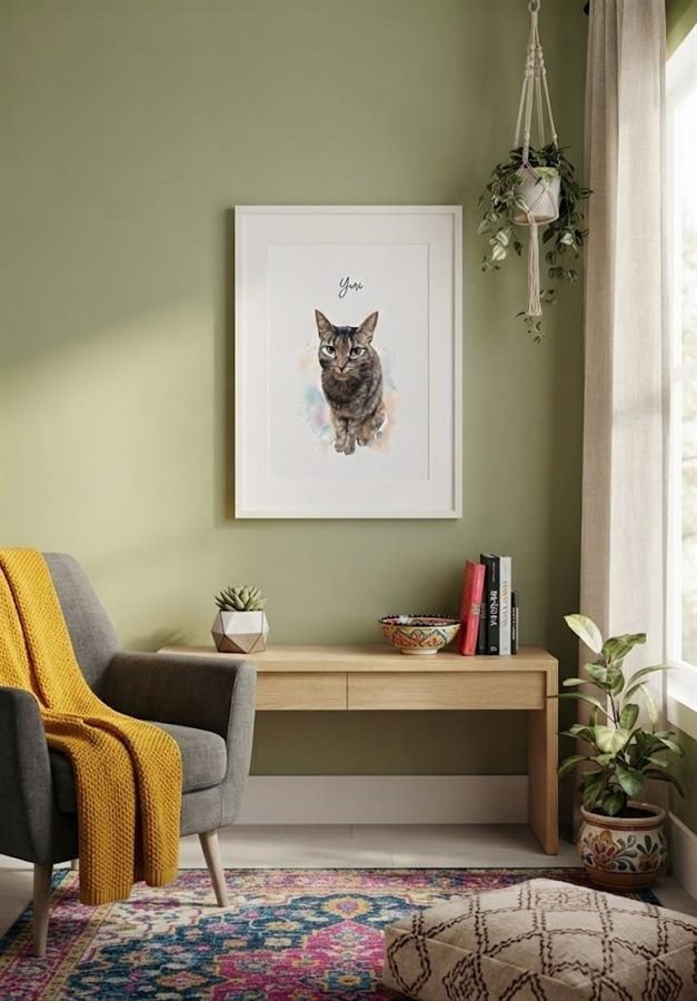 Cuadro personalizado con el retrato de una mascota colgado en una sala