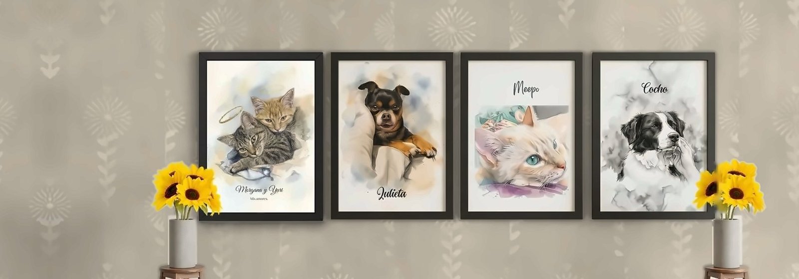 Cuatro tótems de mascotas enmarcados en negro en una pared: Morgana y Yuri con aureola, Julieta, Meepo y Cocho