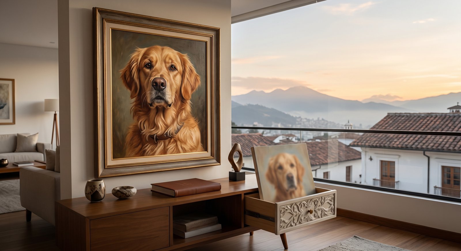 Cuadro personalizado de un perro enmarcado en madera, colgado en una pared clara